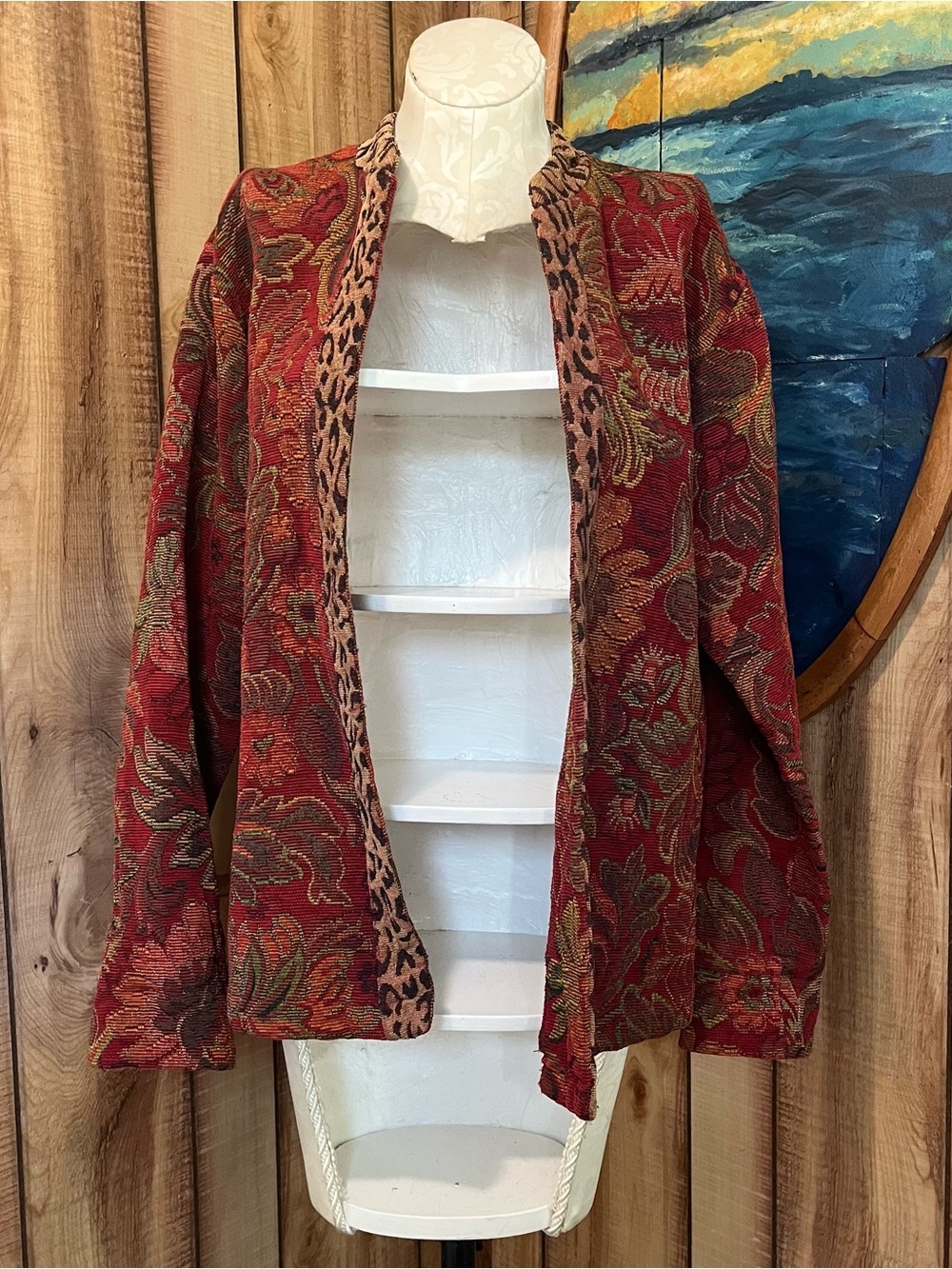 💋 Coldwater Creek Red Floral Tapestry Open Cardigan with Leopard Trim